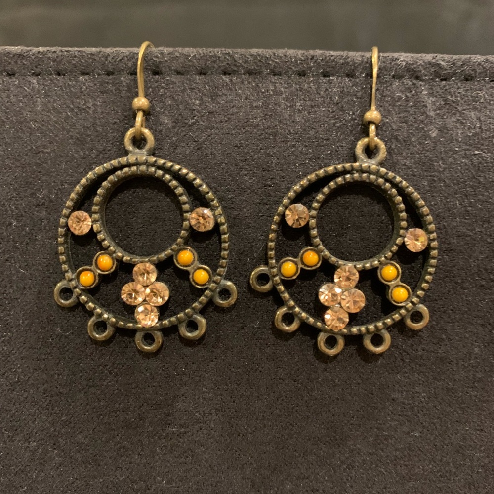 Dangling earrings - tan rhinestones, antiques brass metal - Must be bundled
